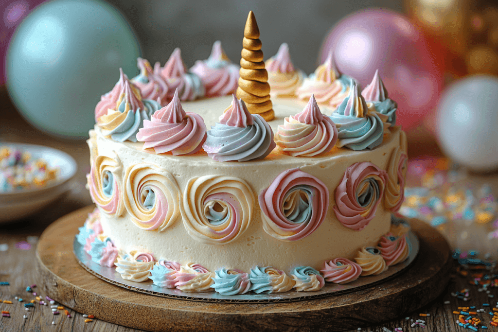 birthday cake Unicorn-themed birthday cake with pastel buttercream swirls, a golden horn, and rainbow sprinkles.