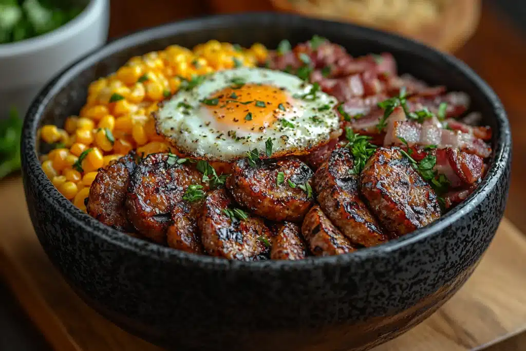 cowboy dinner A cowboy breakfast bowl with scrambled eggs, bacon, grilled sausage, and melted cheese in a Western-style kitchen.