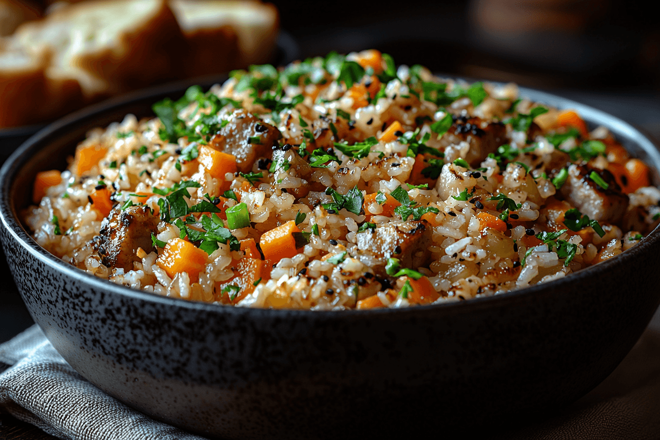 budget-friendly asian meals A bowl of fried rice with diced carrots, grilled chicken, and fresh parsley, served on a rustic table