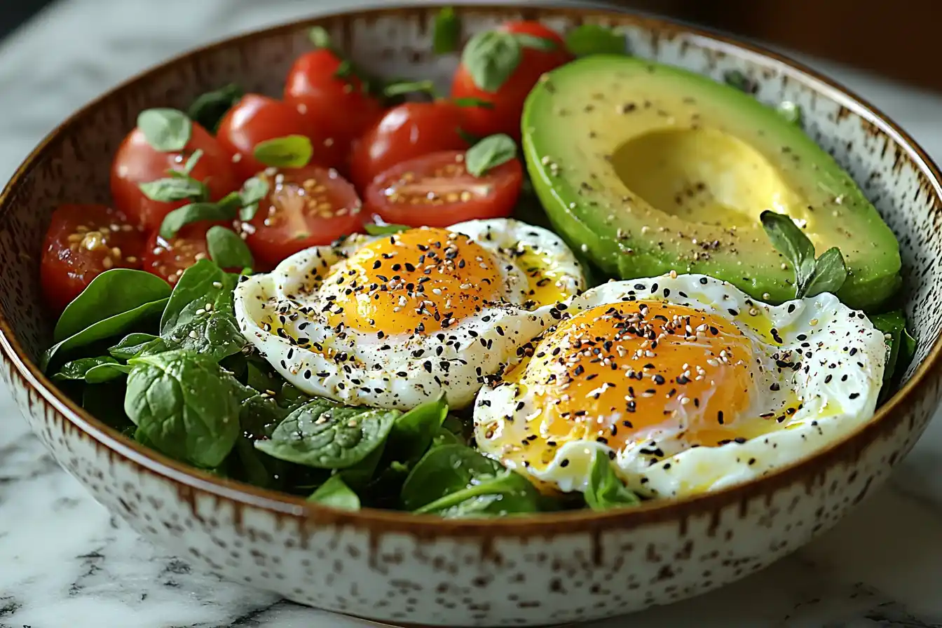keto breakfast A keto breakfast bowl with poached eggs, avocado, spinach, and cherry tomatoes in a ceramic bowl.