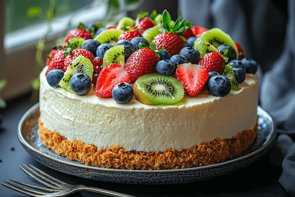 delicious birthday cakes Gluten-free vanilla cake topped with fresh blueberries, strawberries, and kiwis on a ceramic plate.