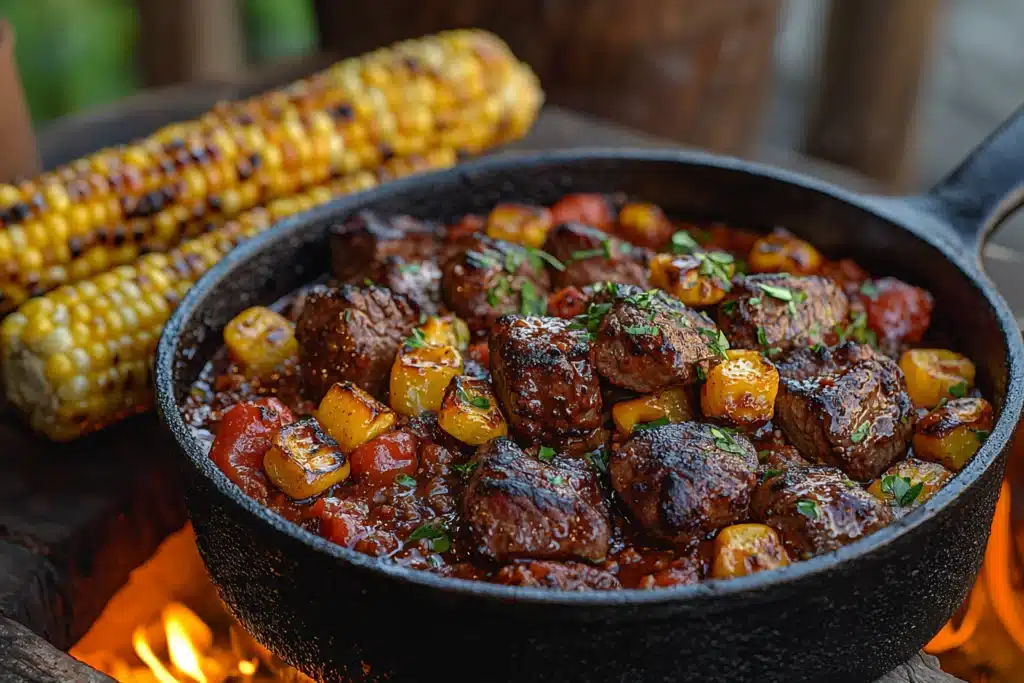 cowboy dinner A traditional cowboy dinner featuring a cast-iron skillet with grilled steak, cowboy chili, and fresh corn on the cob