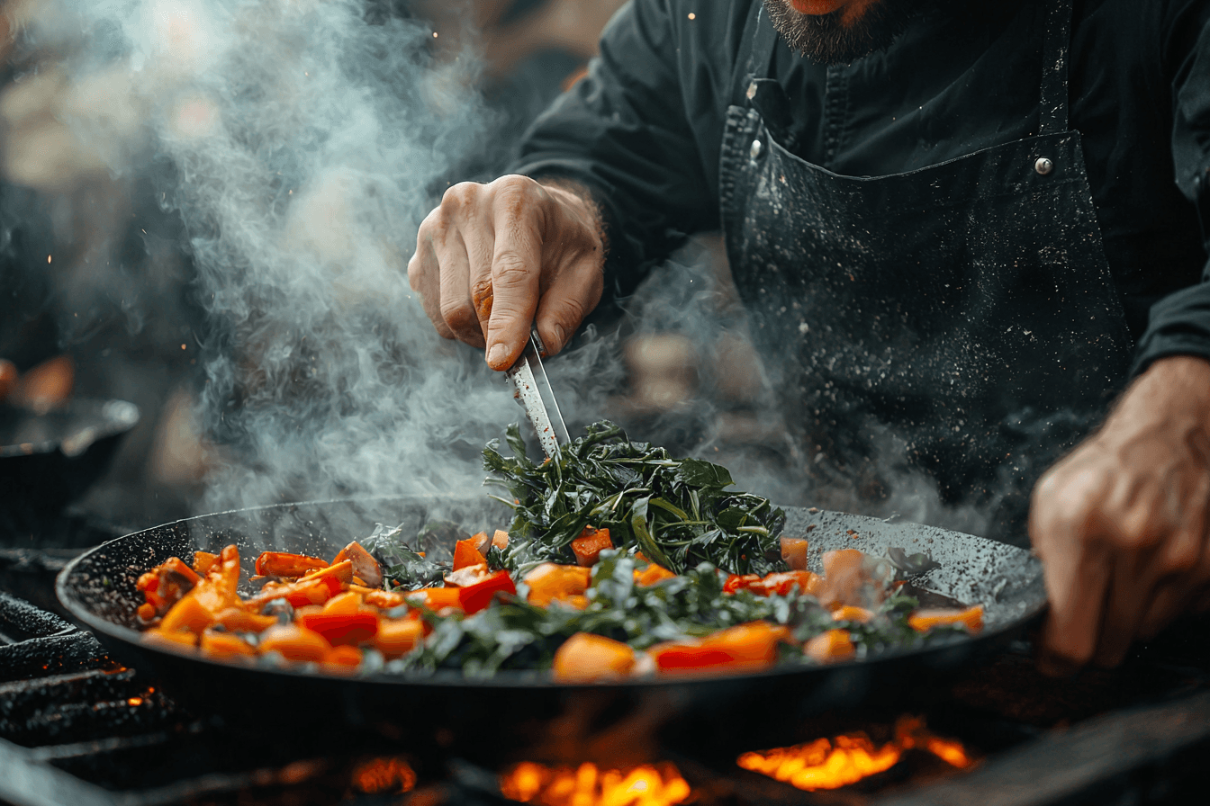 simple rice-based asian meals A close-up of a chef stir-frying vibrant vegetables, including greens and peppers, in a hot wok over open flames.