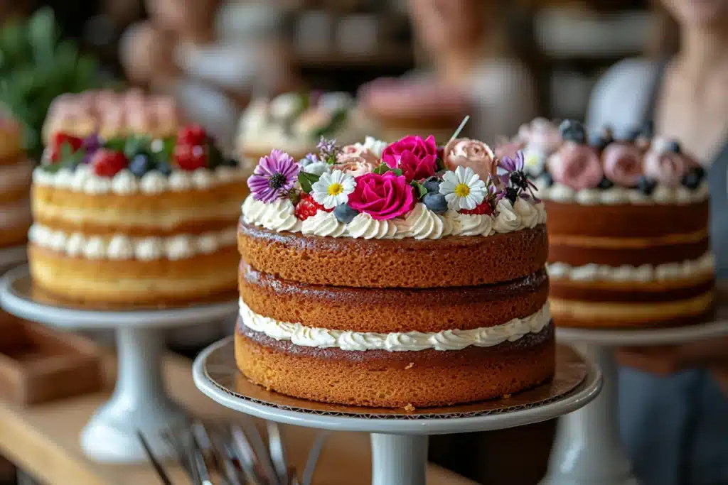 custom birthday cakes An elegant display of uniquely decorated cakes on cake stands, surrounded by baking tools, with cheerful participants in a sunlit kitchen