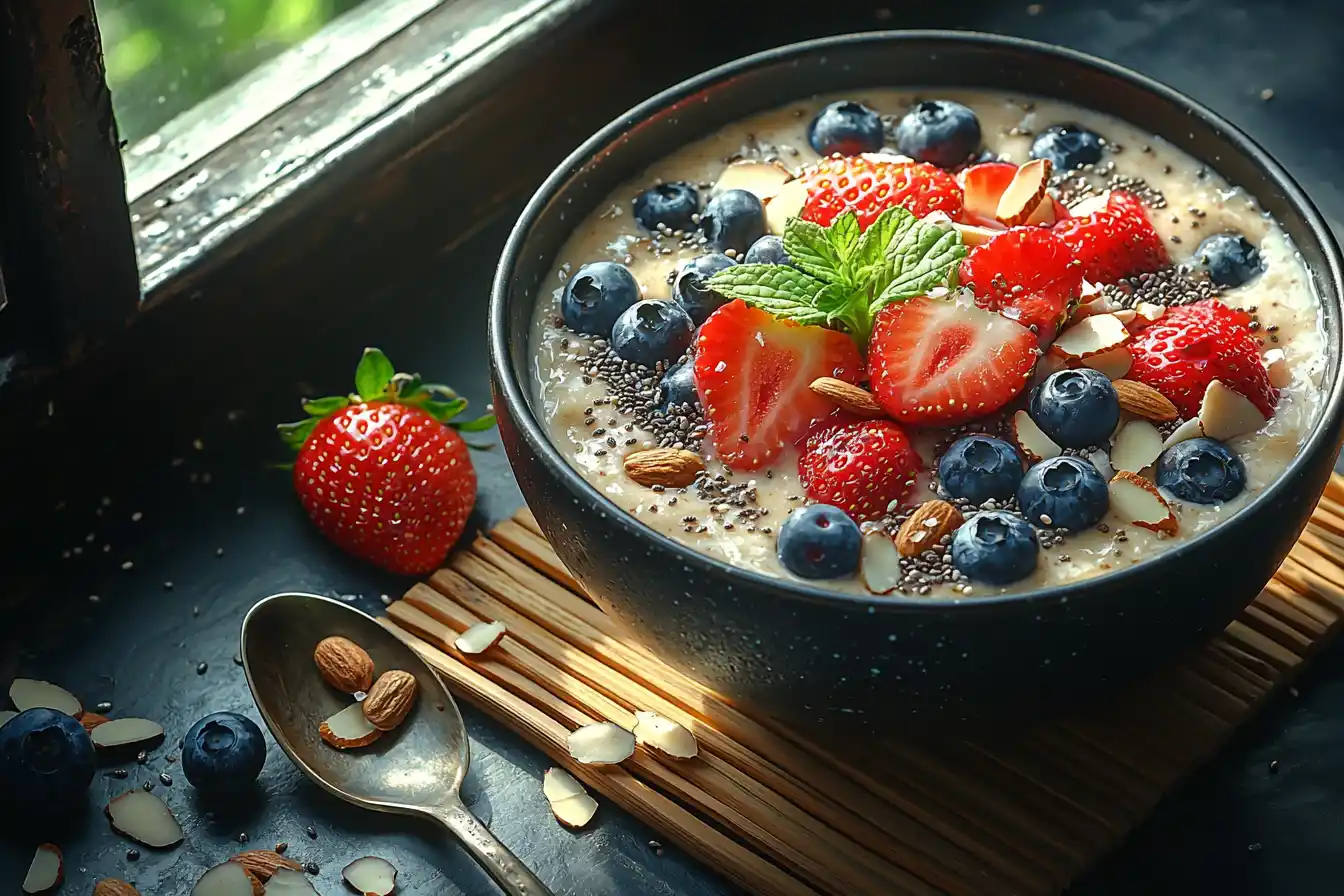 low-carb breakfast A keto smoothie bowl with almond milk, strawberries, blueberries, chia seeds, and nuts.