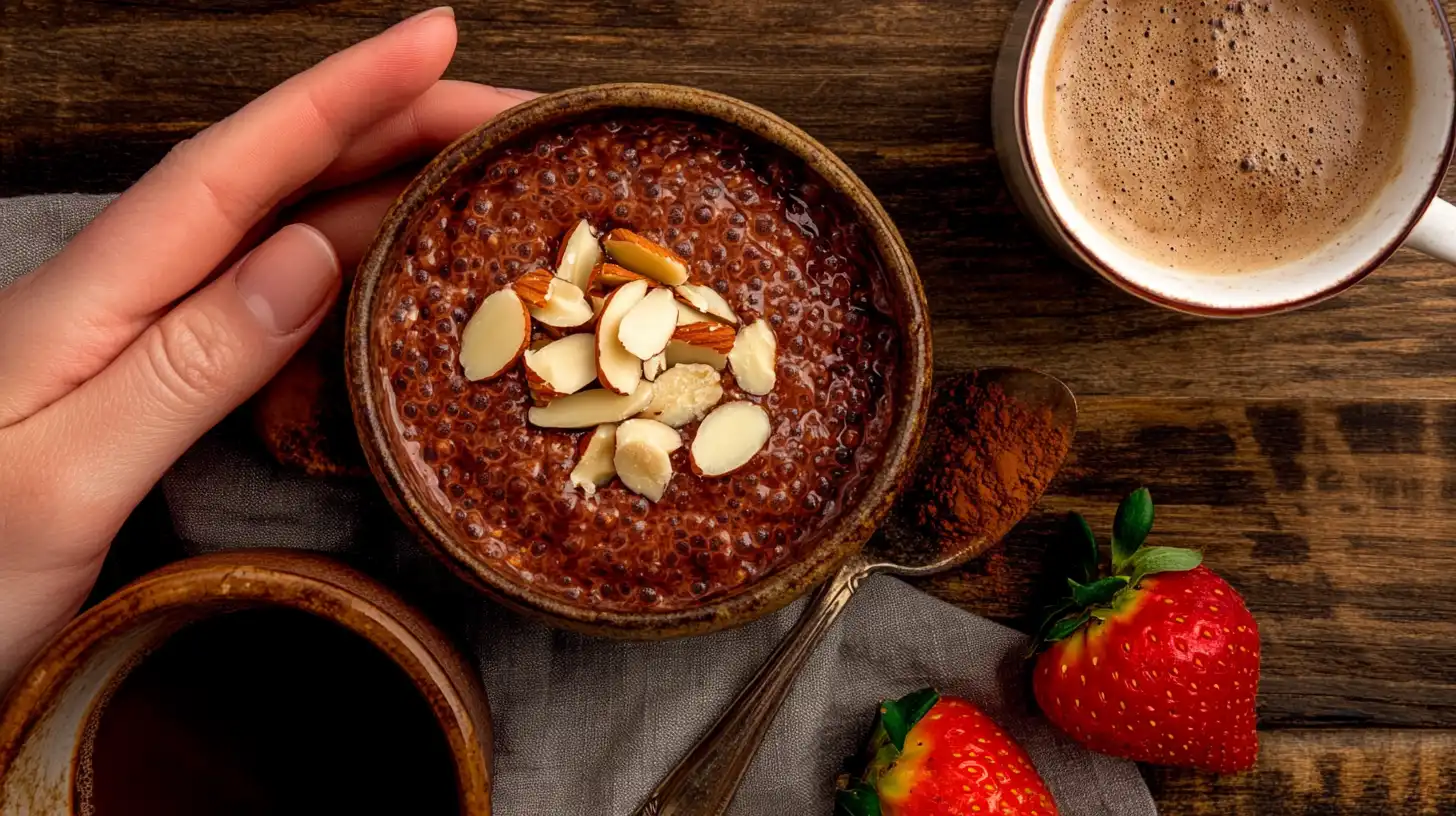 Chocolate chia pudding served with fresh strawberries and almonds