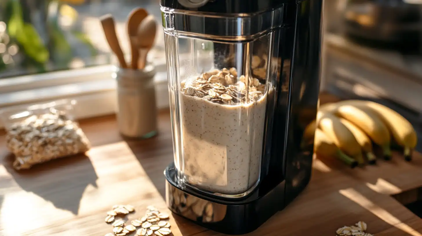 Blender filled with banana oat pancake batter