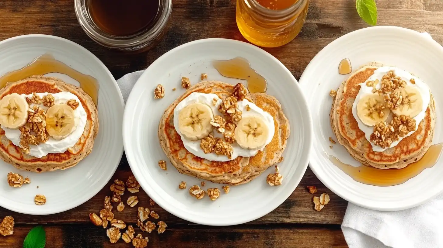Different serving styles of banana oat pancakes.